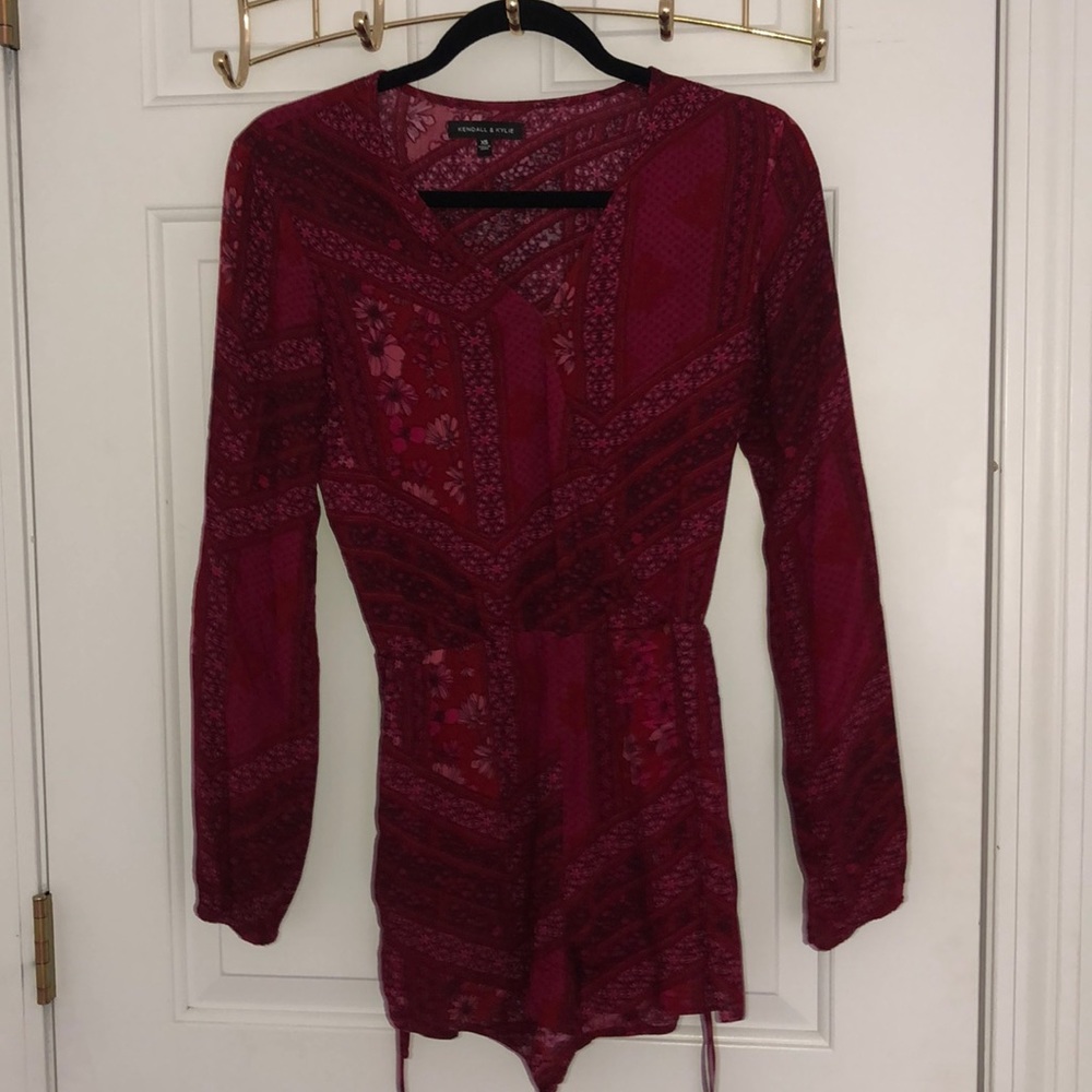 Red Patterned Long Sleeve Romper